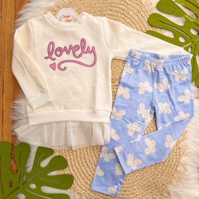 Conj. Blusa de Moletom Lovely e Legging Borboletas - Off White e Azul